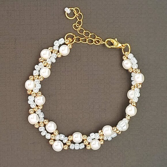 Beaded Bracelet, Blue Beads & Faux Pearls Bridal Stainless Steel Gold Jewelry - Picture 6 of 10